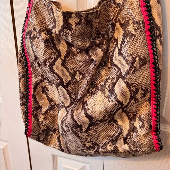 Poppie Snake Print Shoulder Hobo Bag Pink and Graphite Color Accents Chain Large - Picture 3 of 12